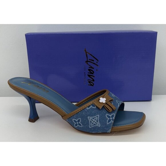 LILIANA / Dana-1 / Blue Denim / Open-Toe Heels / With Floral Accent & Tan Trim - Picture 7 of 8